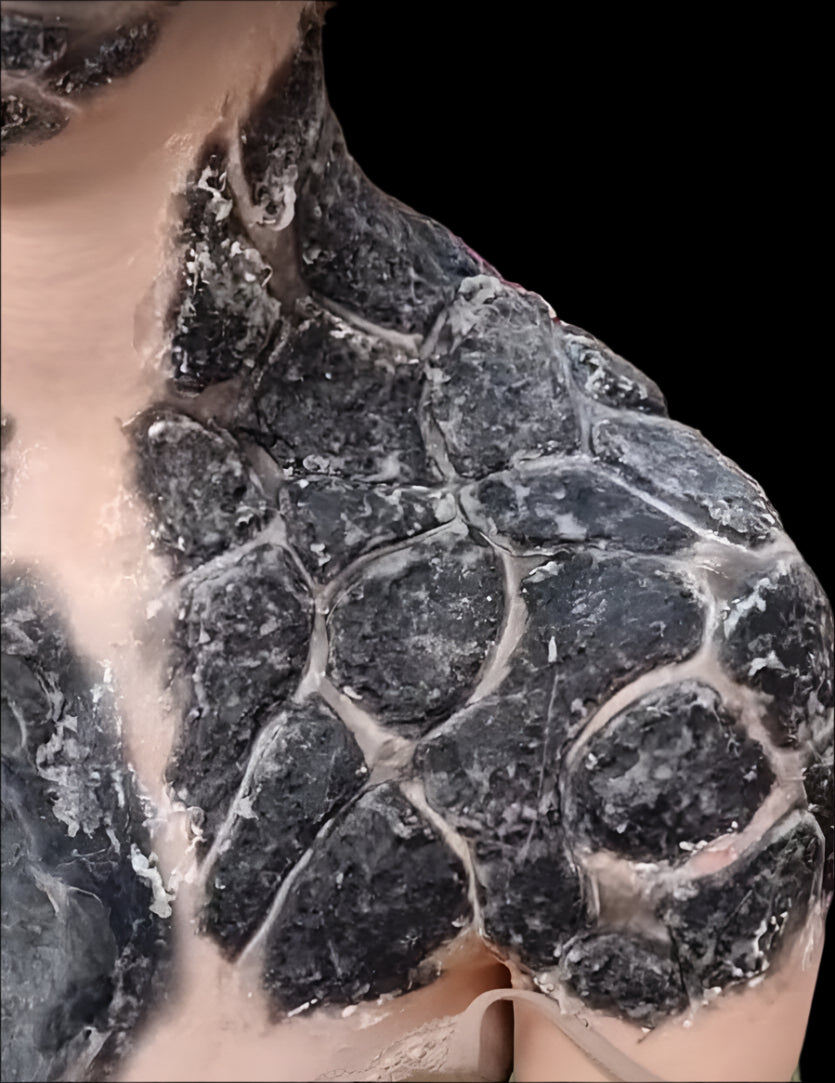 mid application of silicone LAVA burn prosthetic body appliances for sale for creative makeup looks at ko studio