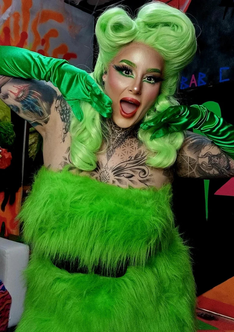 Mrs. Grinch Christmas faux fur fancy dress green costume.