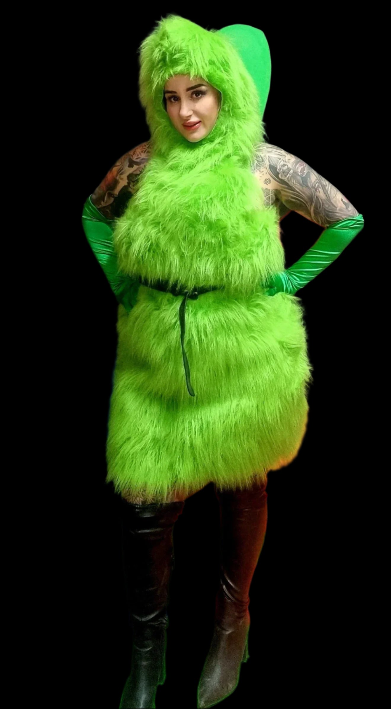 Mrs. Grinch Christmas faux fur fancy dress green costume.