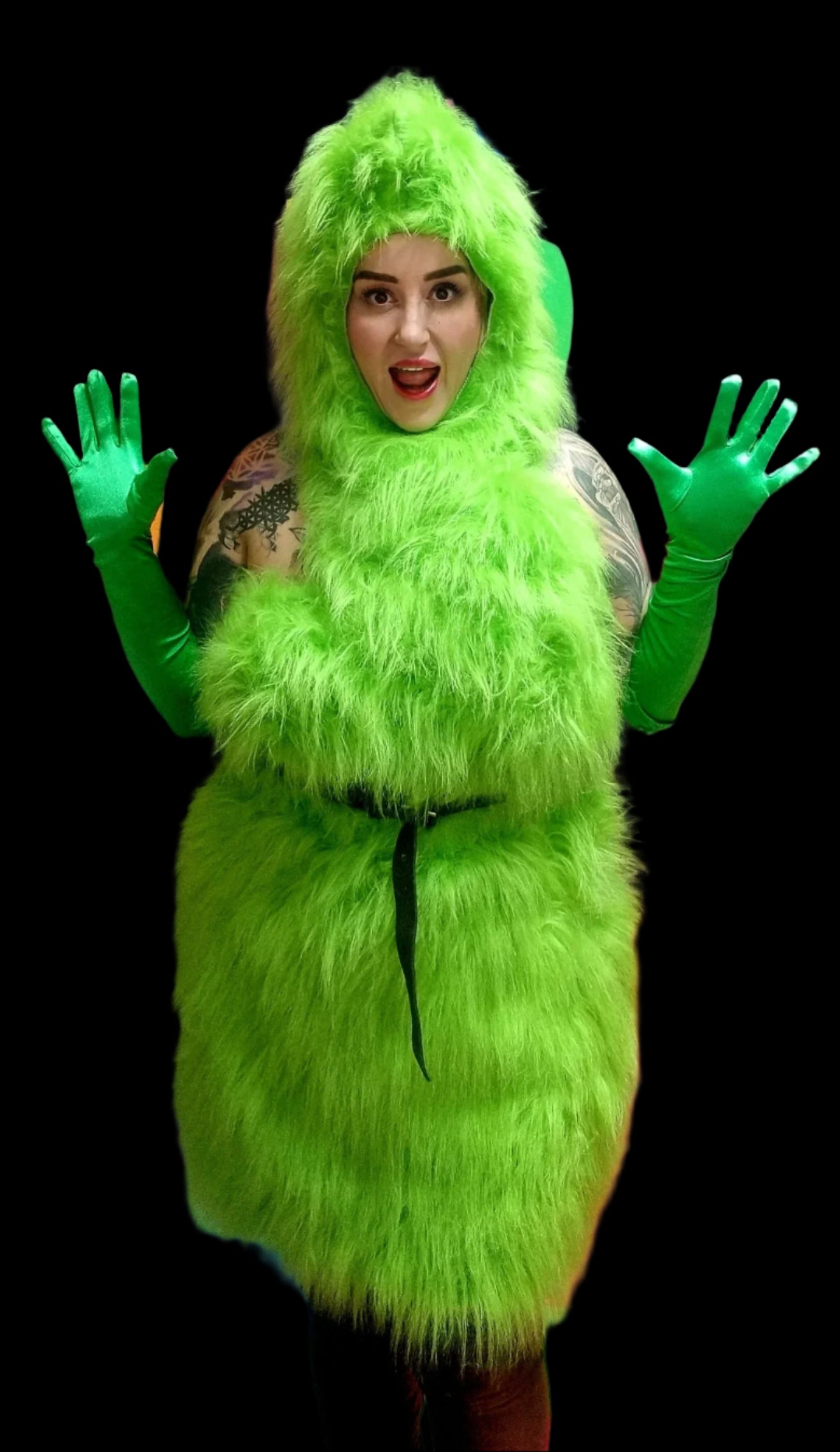 Mrs. Grinch Christmas faux fur fancy dress green costume.