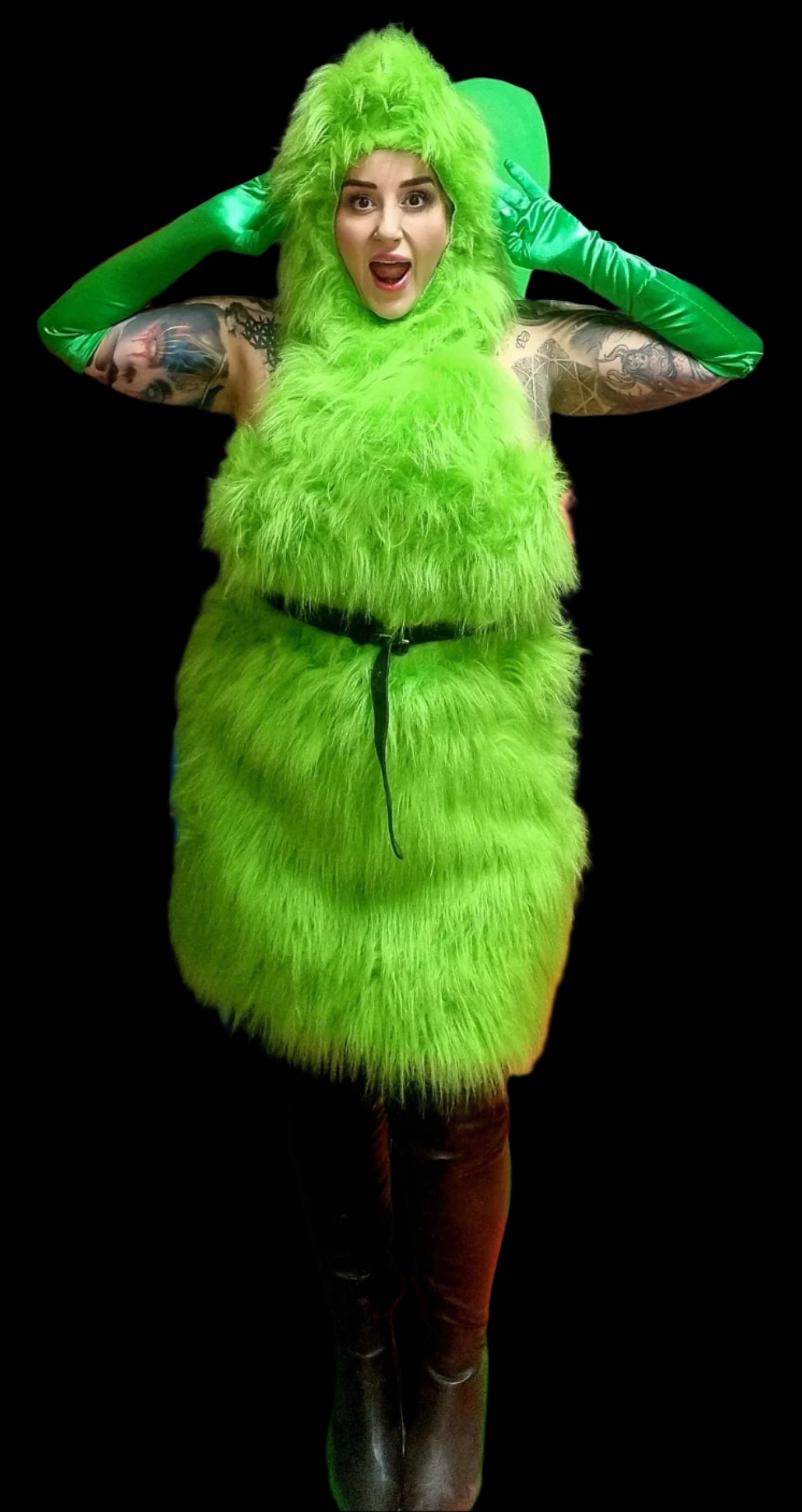 Mrs. Grinch Christmas faux fur fancy dress green costume.