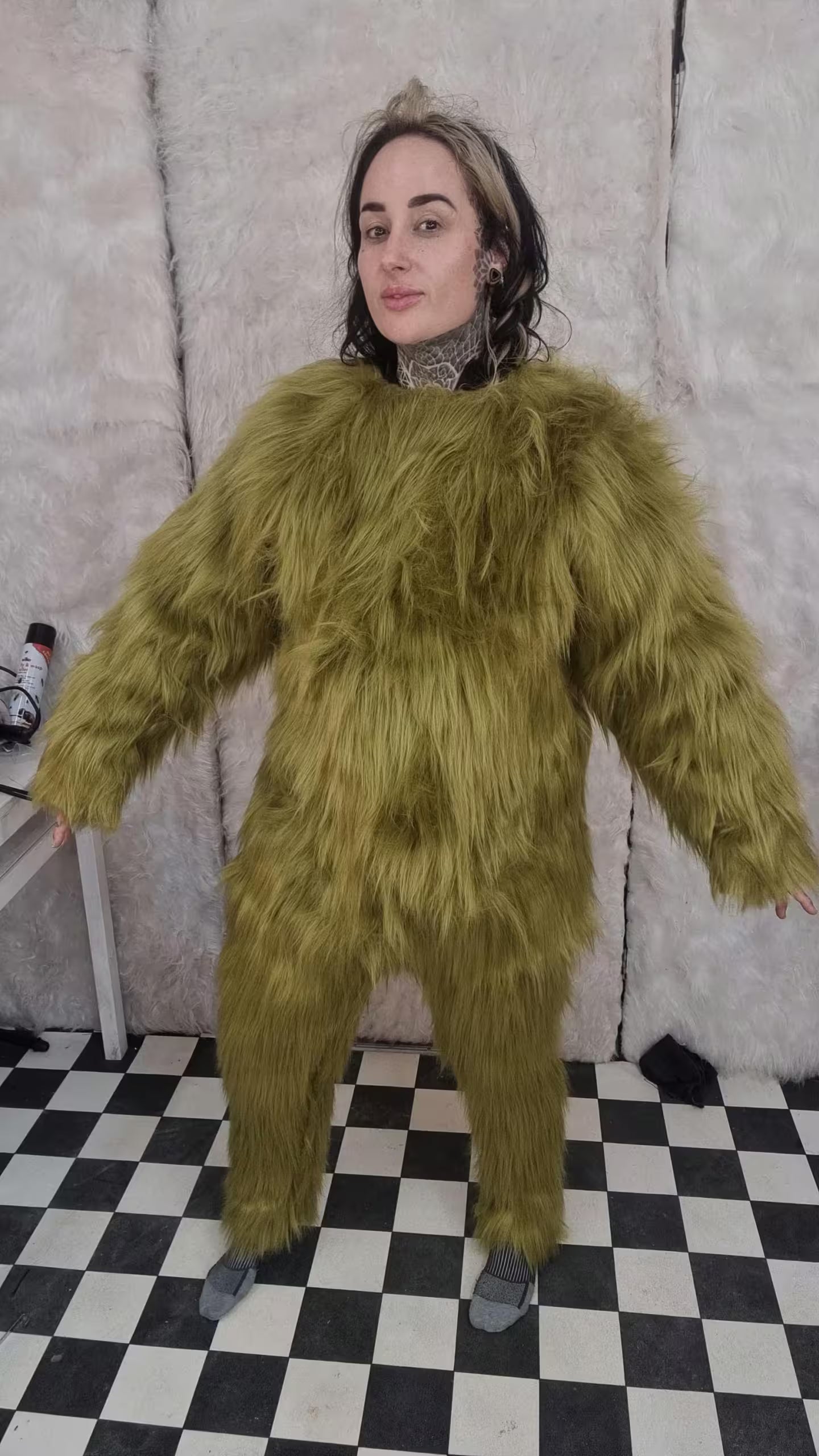 GREEN FAUX LONG FUR ONESIE