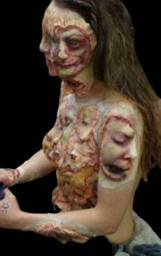 Latex prosthetic faces, eerie and creepy, reminiscent of Ed Gein's horror-inspired aesthetics.