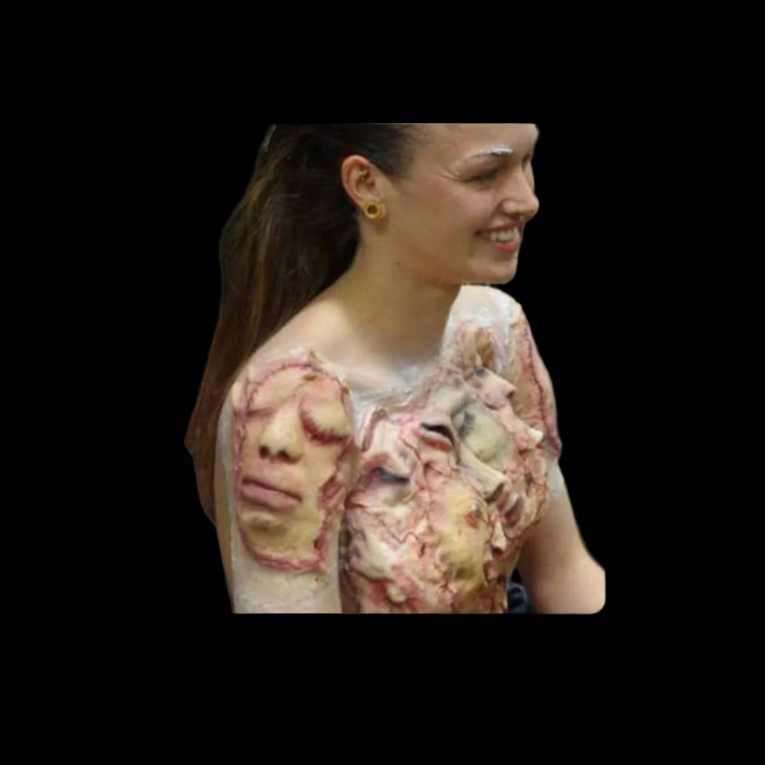 Latex prosthetic faces, eerie and creepy, reminiscent of Ed Gein's horror-inspired aesthetics.