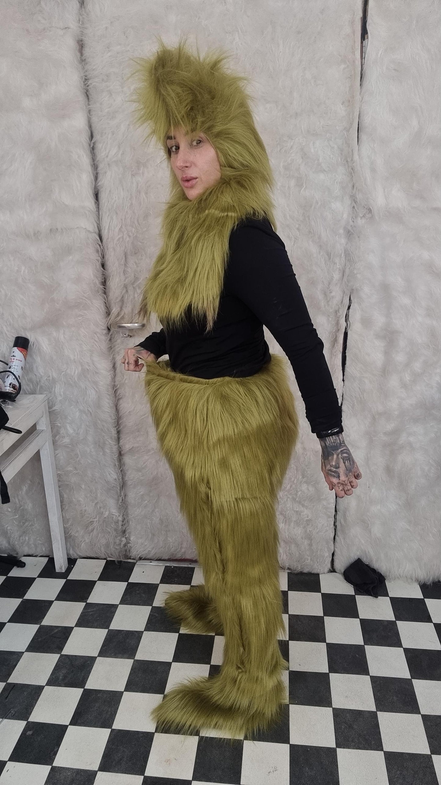 olive green grinch long hair fur trousers for sale , bespoke hand made