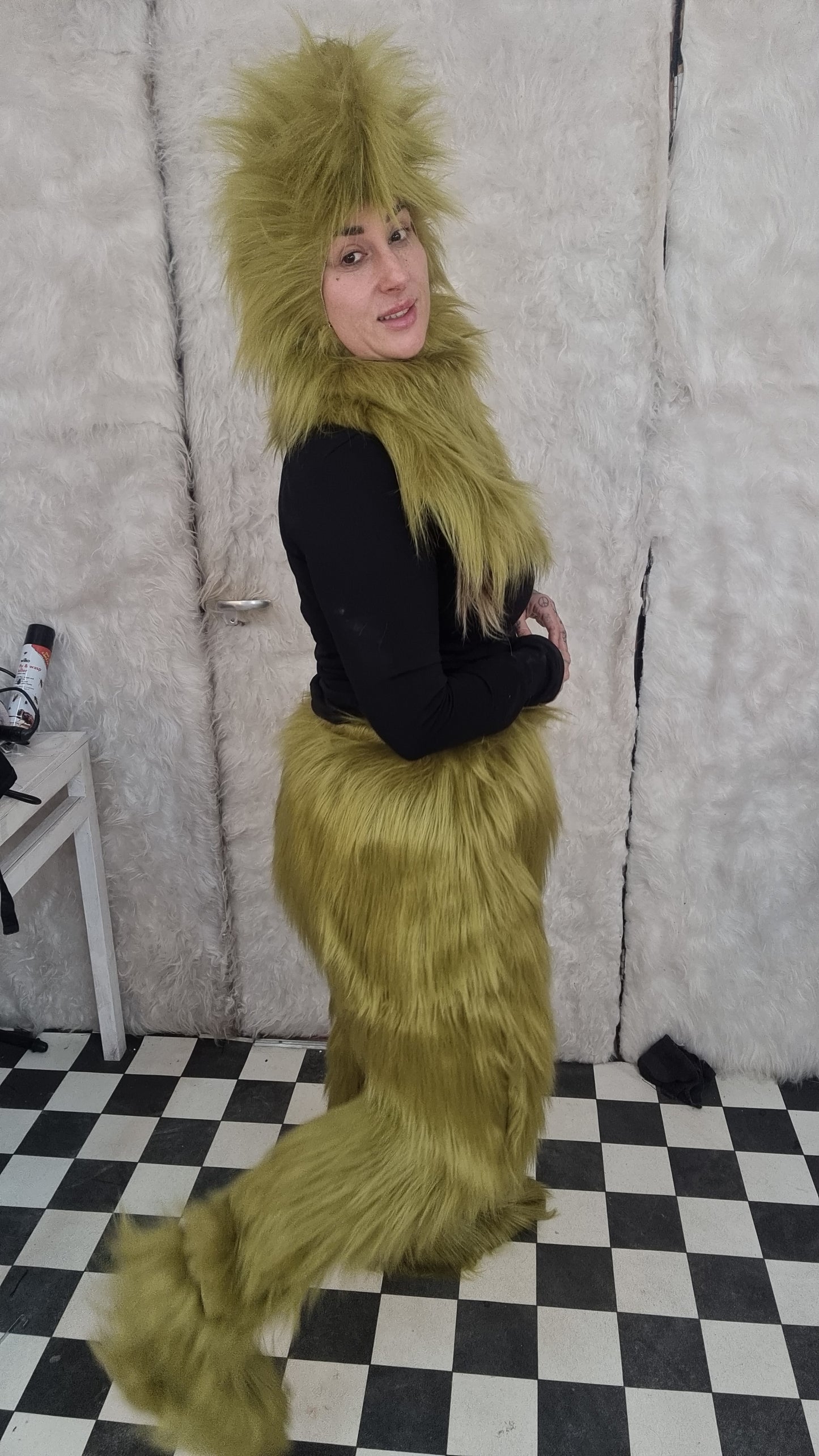 GREEN FAUX FUR HOOD