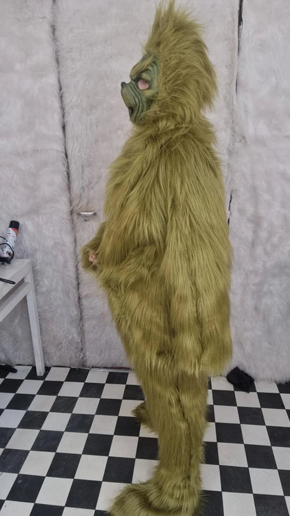 Green faux Fur 4-Piece cosplay costume Set in olive Grinch green