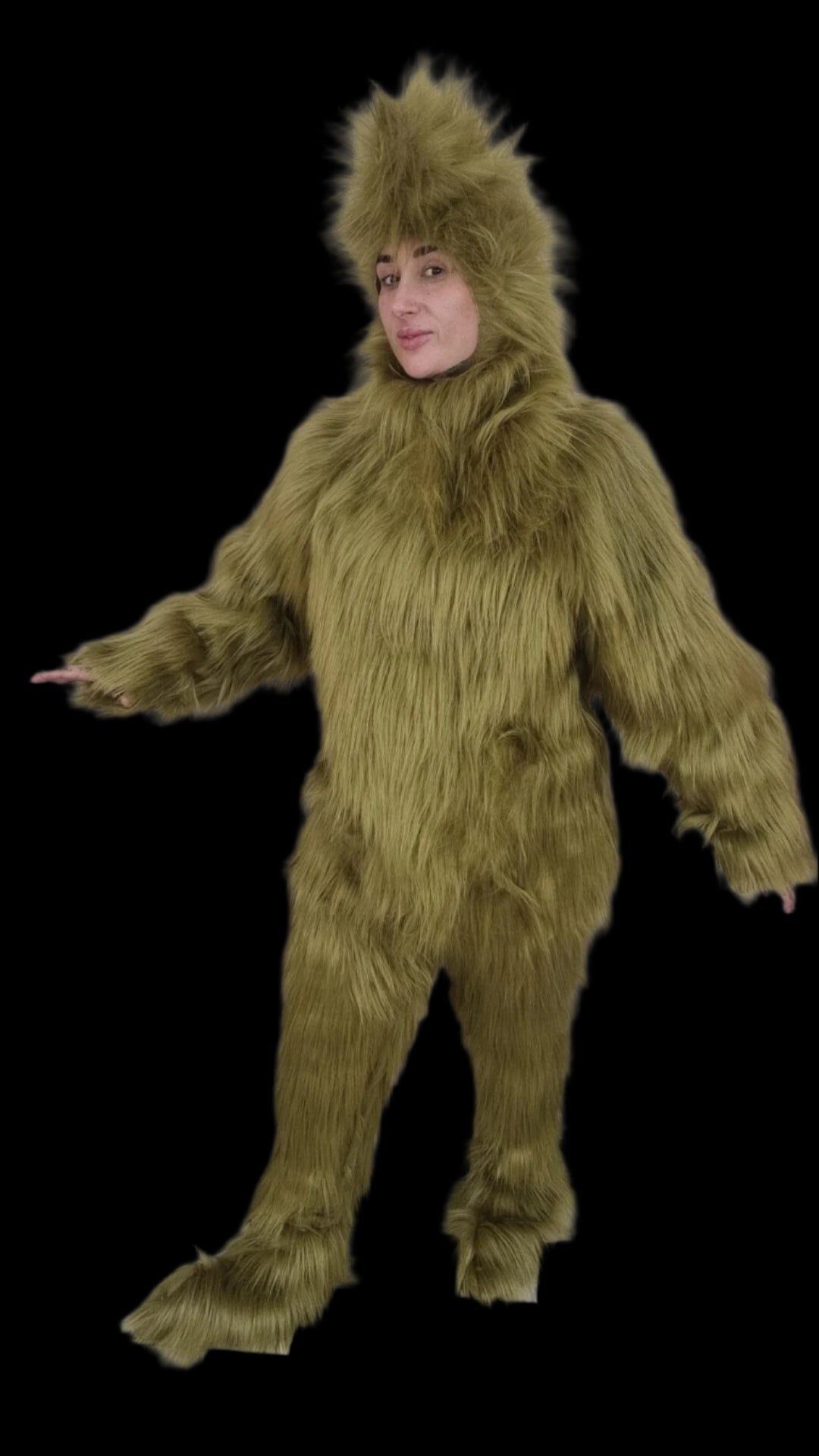 Green faux Fur 4-Piece cosplay costume Set in olive Grinch green
