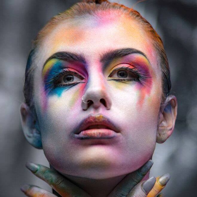 Colourful abstract body art by face and body artist Leicester