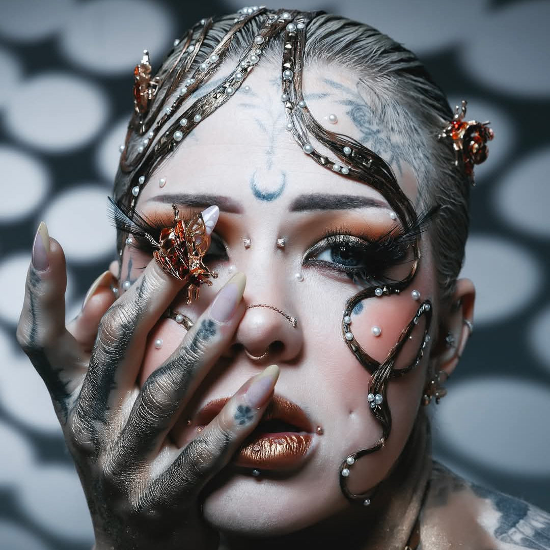 Editorial creative makeup look with crystals by Leicester MUA
