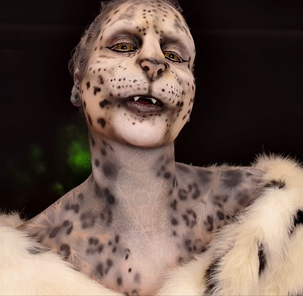 Snow leopard Realistic prosthetic application by Leicester special effects makeup artist