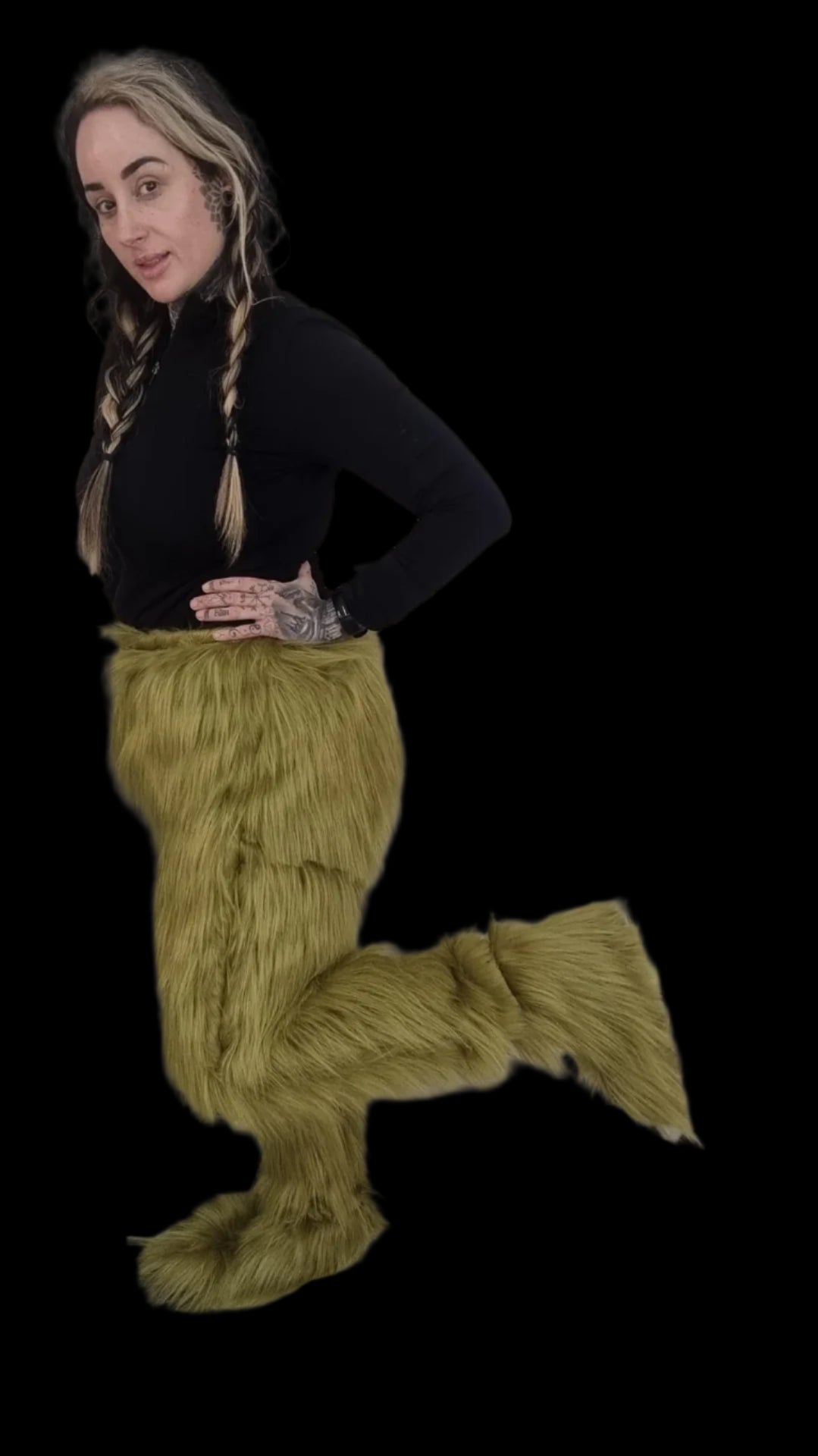 faux fur green grinch trousers 
