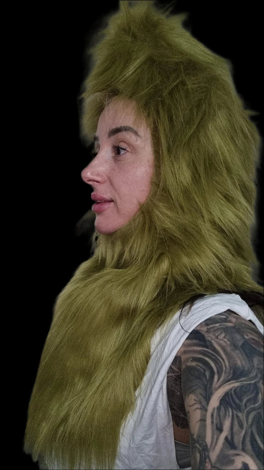 faux fur grinch hood olive green 