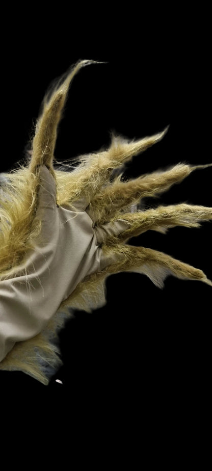 olive green grinch fur long hair gloves 