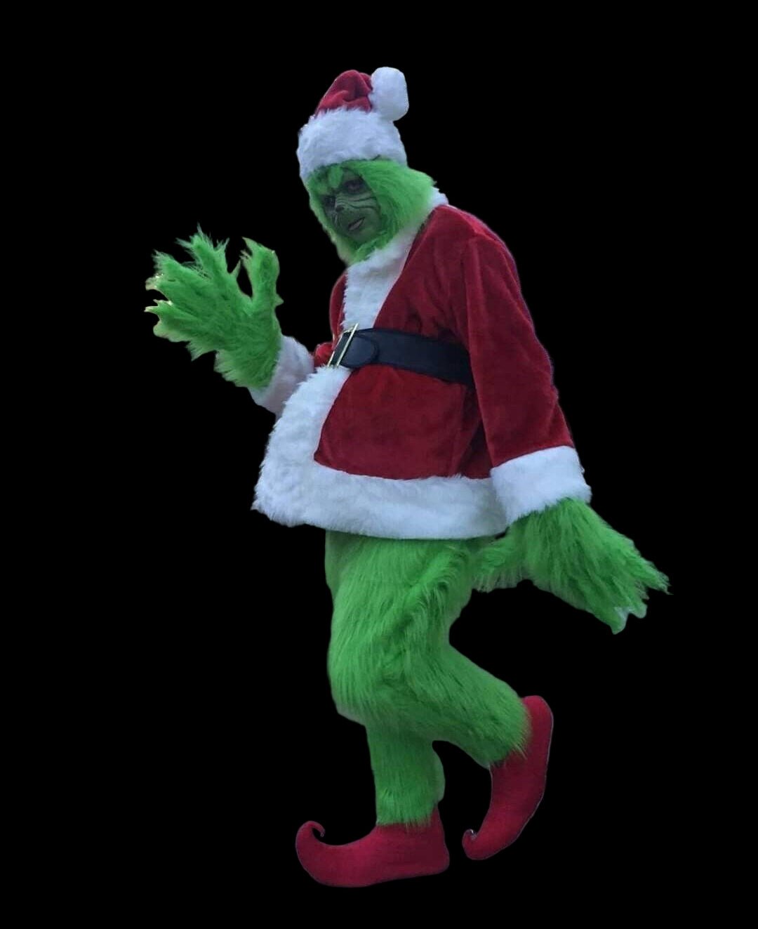 lime cartoon olive green grinch long hair fur trousers for sale , bespoke hand made 