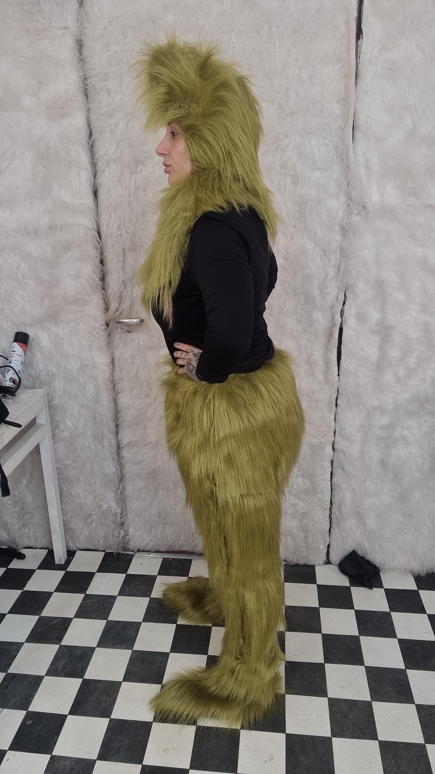 olive green grinch long hair fur trousers for sale , bespoke hand made 