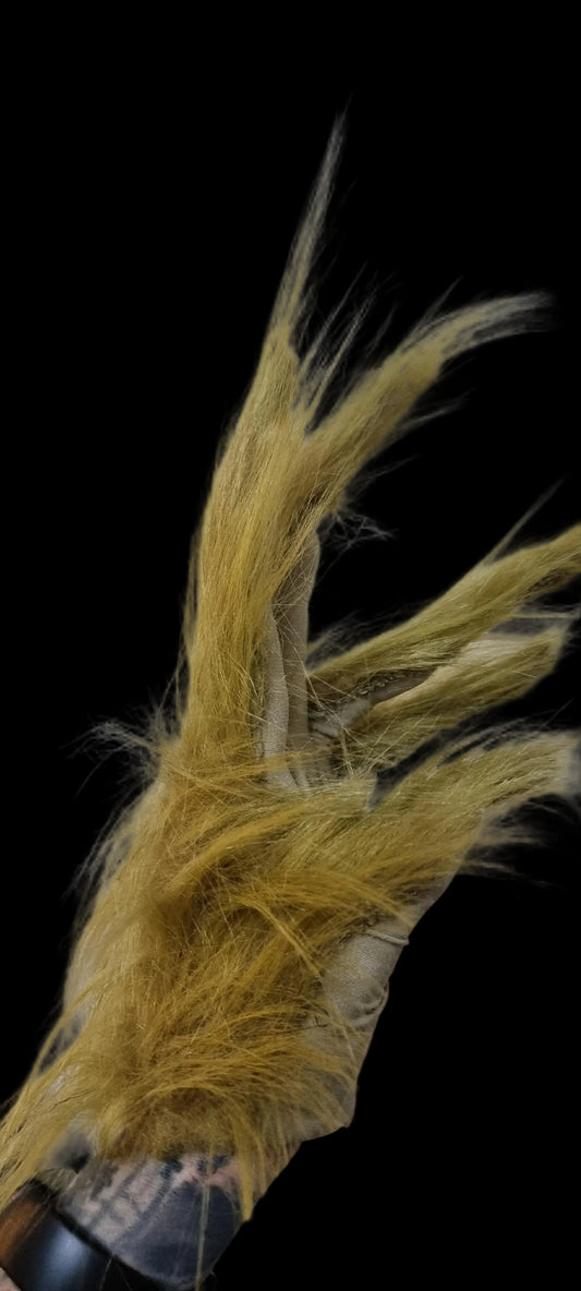 olive green grinch fur long hair gloves 