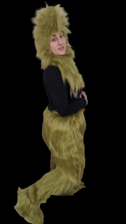 olive green grinch long hair fur trousers for sale , bespoke hand made 