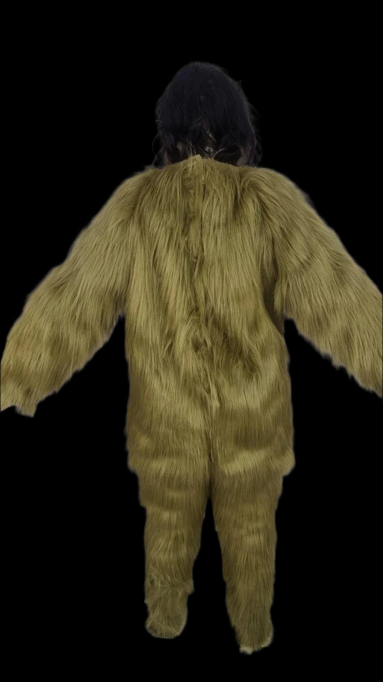 Olive green faux fur onesie costume, Grinch-inspired fancy dress cosplay set.
