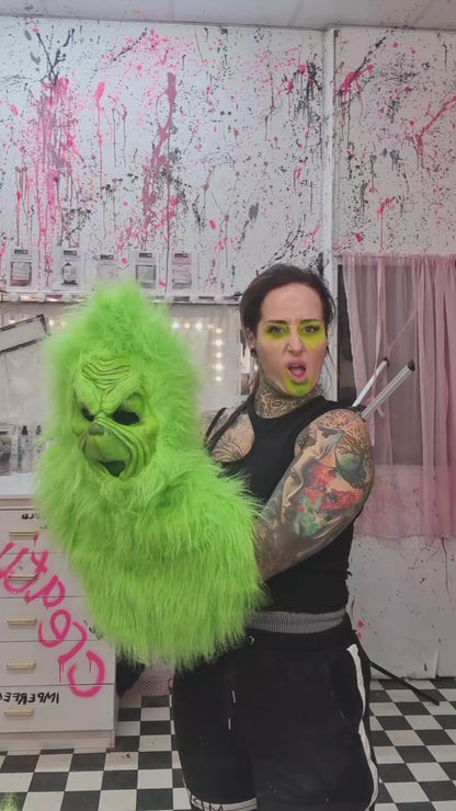 GREEN PULL-OVER GRINCH MASK WITH FUR HOOD