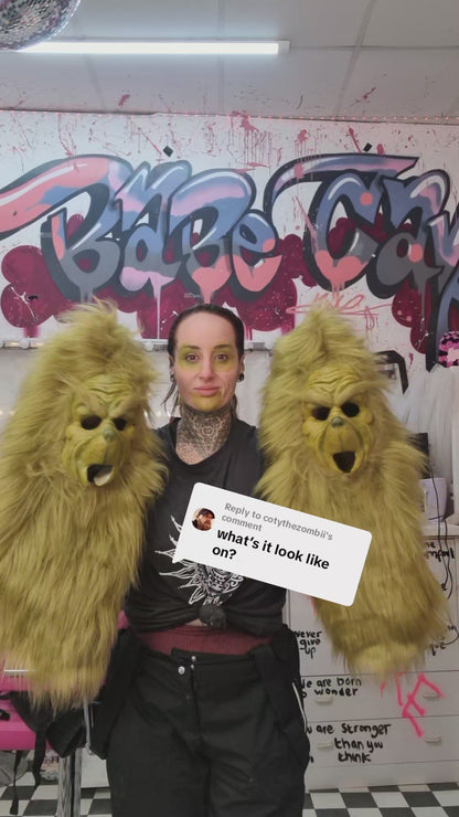 GREEN PULL-OVER GRINCH MASK WITH FUR HOOD