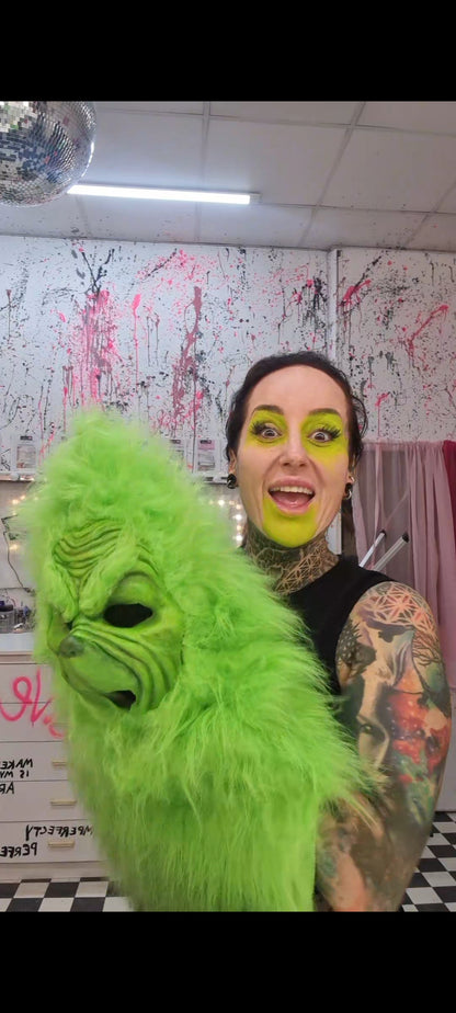 GREEN PULL-OVER GRINCH MASK WITH FUR HOOD