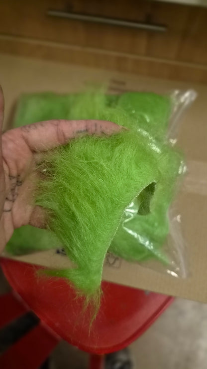 LONG PILE FAUX FUR SCRAPS AND OFFCUTS IN OLIVE GREEN OR LIME GREEN FOR SFX, COSTUME MAKING AND CRAFT PROJECTS