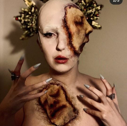 Latex prosthetic faces, eerie and creepy, reminiscent of Ed Gein's horror-inspired aesthetics.