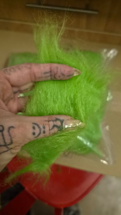 LONG PILE FAUX FUR SCRAPS AND OFFCUTS IN OLIVE GREEN OR LIME GREEN FOR SFX, COSTUME MAKING AND CRAFT PROJECTS