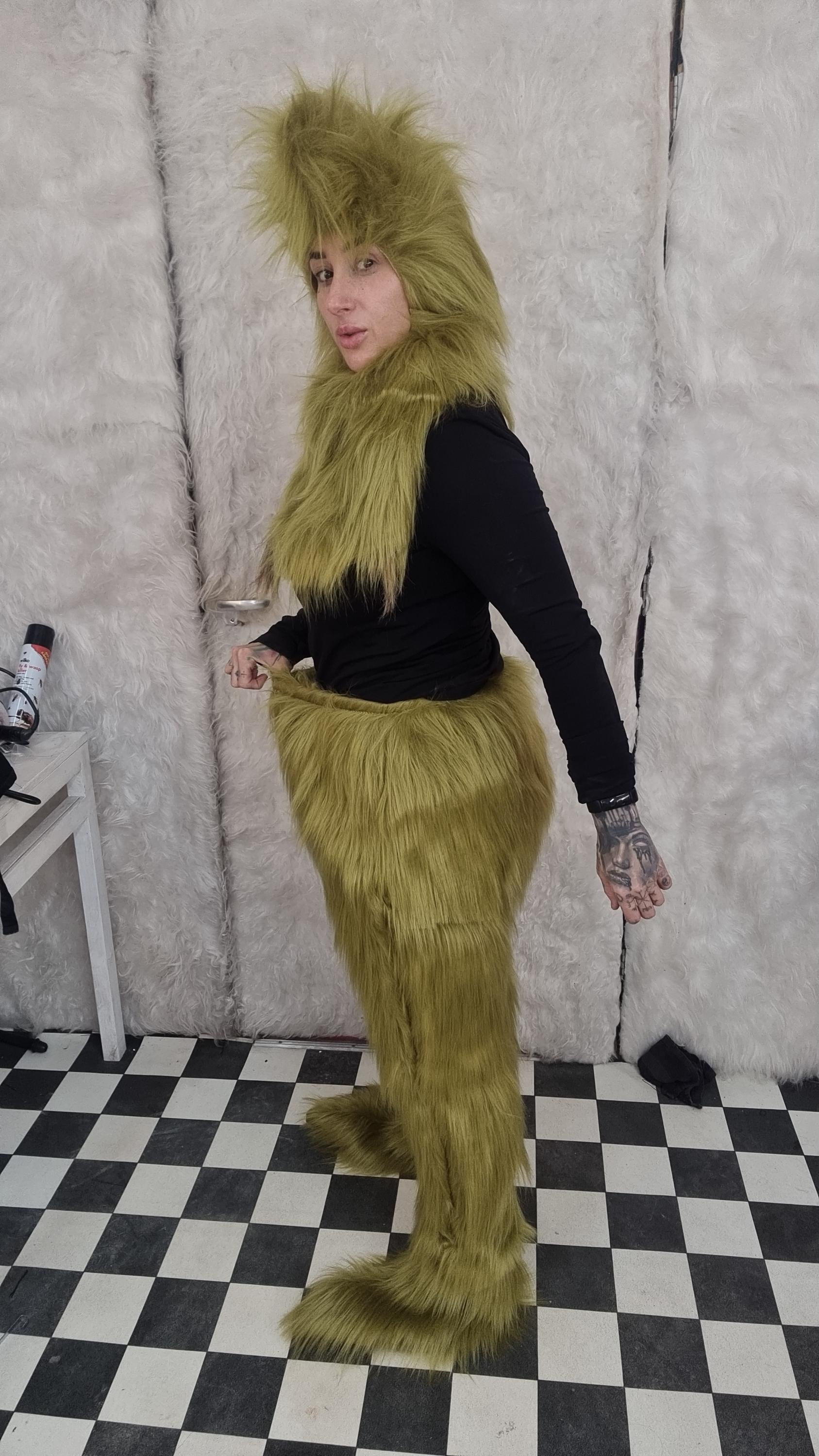 olive green grinch long hair fur trousers for sale , bespoke hand made 